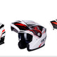 Three GT-branded motorcycle helmets with a white, red, and black design on a white background.