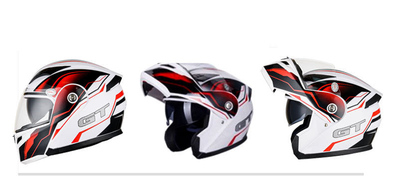 Three GT-branded motorcycle helmets with a white, red, and black design on a white background.