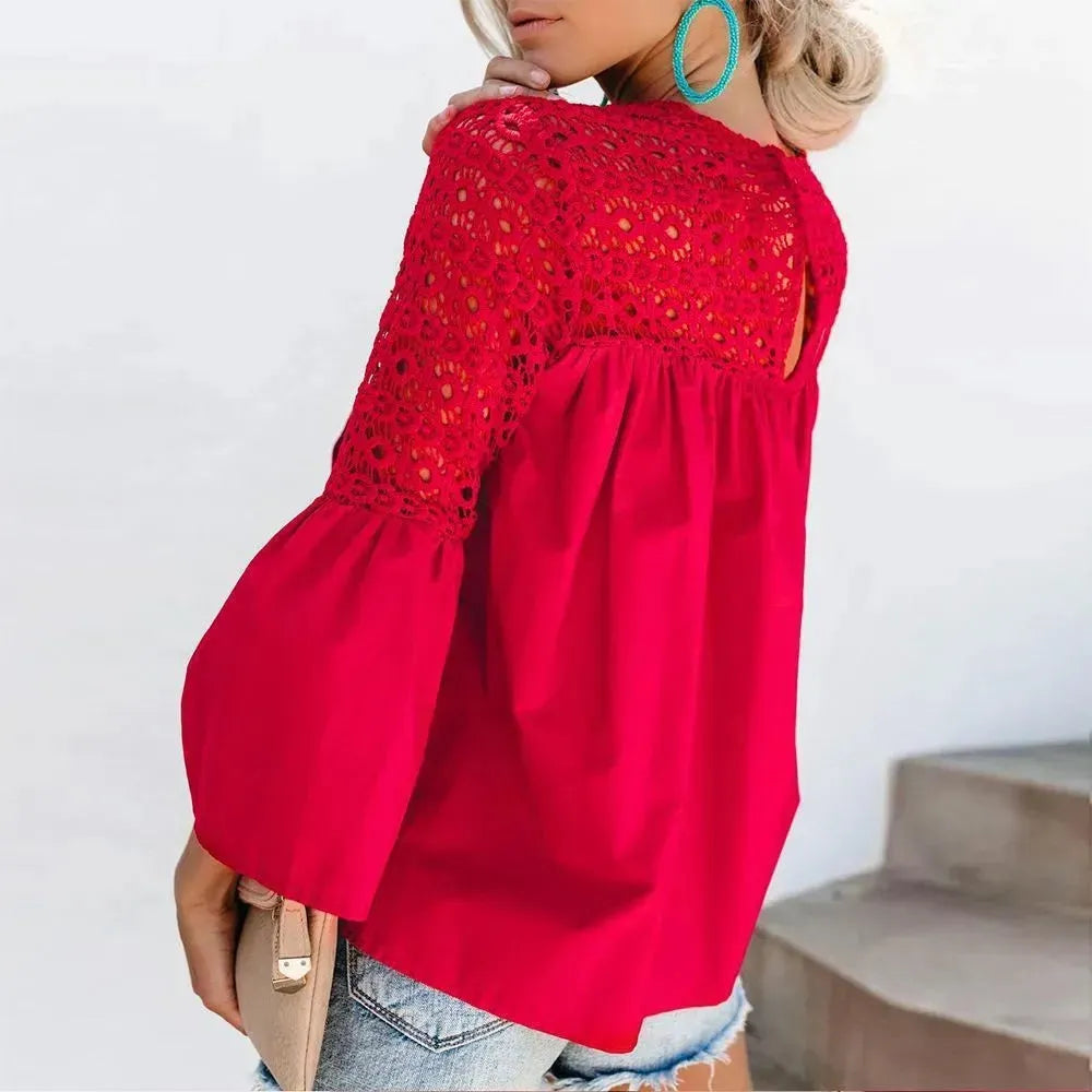 New fashion tops round neck women Ruffle Lace blouse Elegant Summer top - EX-STOCK CANADA