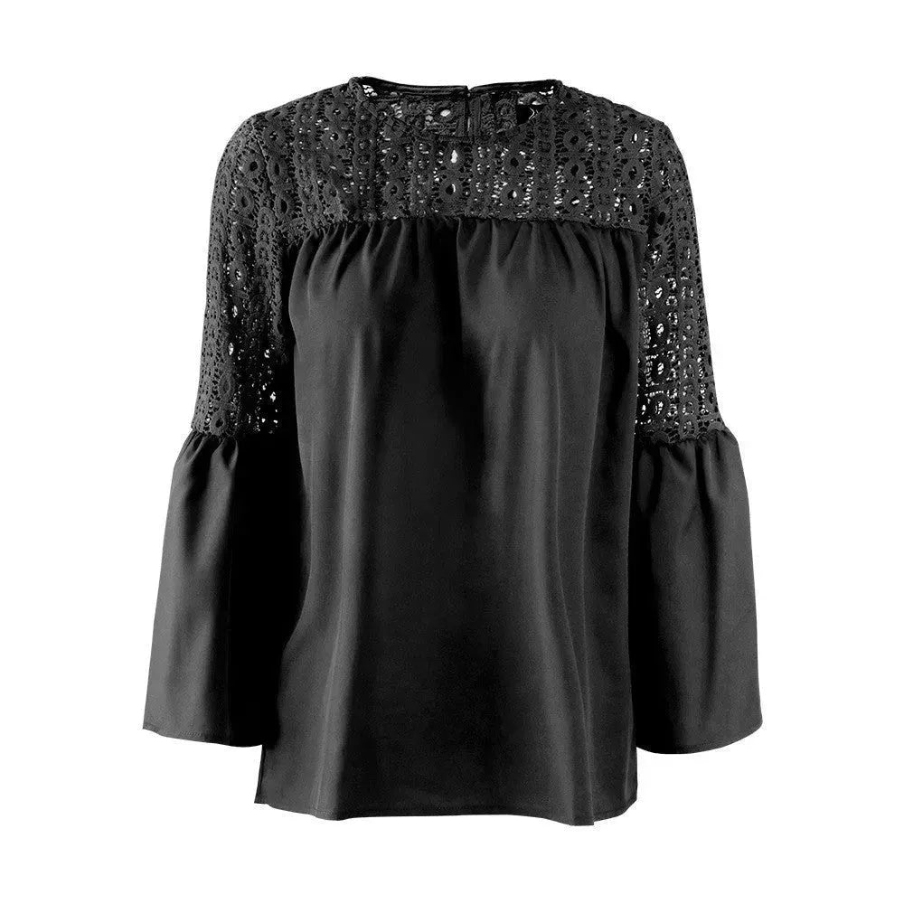 New fashion tops round neck women Ruffle Lace blouse Elegant Summer top - EX-STOCK CANADA