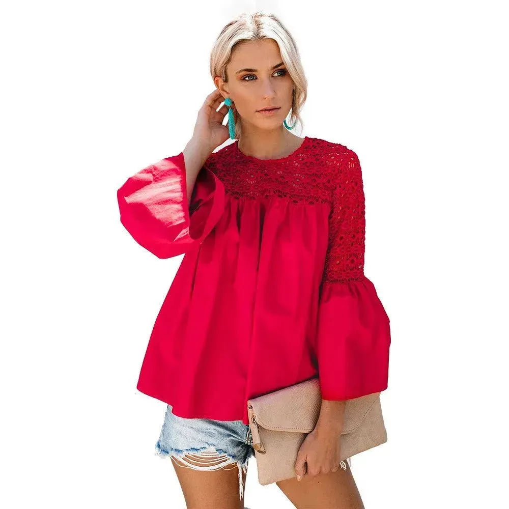New fashion tops round neck women Ruffle Lace blouse Elegant Summer top - EX-STOCK CANADA