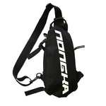 Black sling bag with white branding on a white background