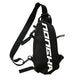 Black sling bag with white branding on a white background