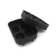 Black silicone ice cube tray with lid on a white background