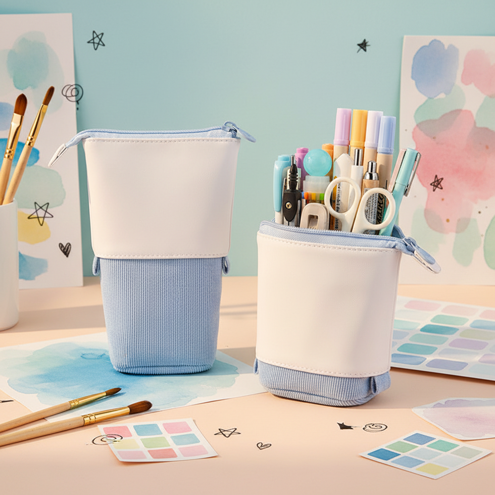 Corduroy Retractable Pencil Case – Cute Round Pouch in 5 Colours (1PC or 2PCS)