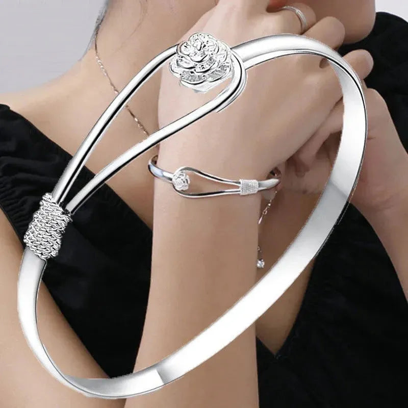 Simple Trendy Rose Flower Bracelet Female Romantic Flower silver Bracelet for ladies - EX-STOCK CANADA