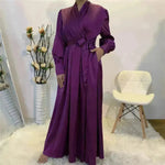 Elegante color liso de cuello en V Dubai Abaya Turquía Satinada Abaya para Arabwomen Medio Oriente Vestido para mujeres