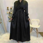 Elegante color liso de cuello en V Dubai Abaya Turquía Satinada Abaya para Arabwomen Medio Oriente Vestido para mujeres