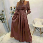 Elegante color liso de cuello en V Dubai Abaya Turquía Satinada Abaya para Arabwomen Medio Oriente Vestido para mujeres