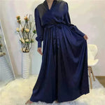 Elegante color liso de cuello en V Dubai Abaya Turquía Satinada Abaya para Arabwomen Medio Oriente Vestido para mujeres