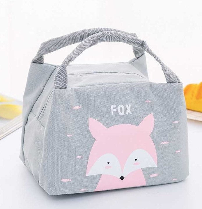 Gray lunch bag with a pink fox design on a white background