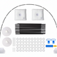 A complete patio umbrella kit laid out on a white background, including a black pole frame, two white fabric canopy panels, two white base covers, two white round discs, several black pole sections, white mounting hardware, and blue/yellow accessories.