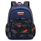 Backpack with dinosaur pattern and 'zmbaby happy' branding on a white background