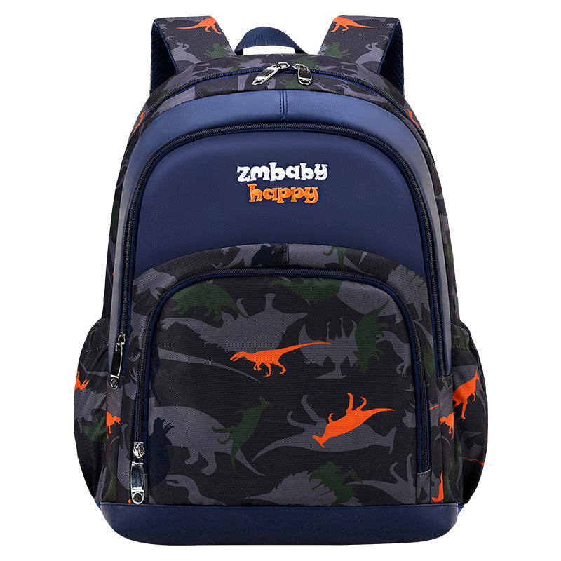 Backpack with dinosaur pattern and 'zmbaby happy' branding on a white background