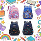 Five colorful backpacks on a blue and green gradient background