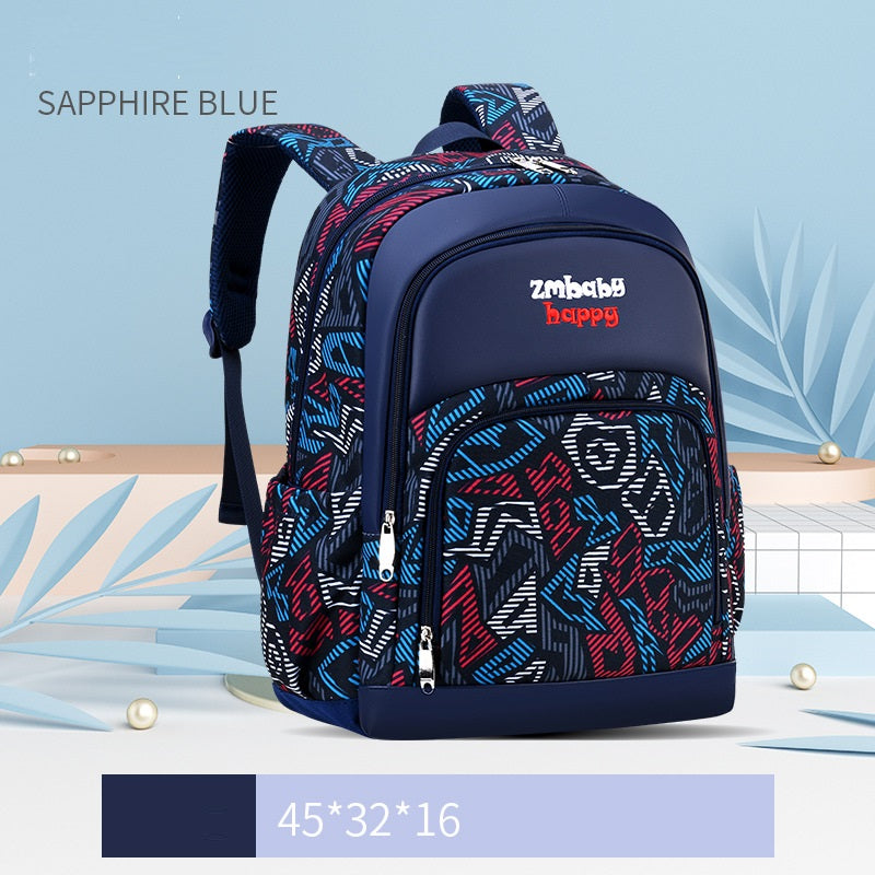 Navy blue backpack with red and white patterns on a light blue background