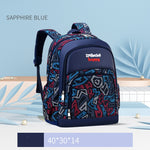 Sapphire blue backpack with geometric pattern on a light blue background