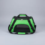 Green pet carrier with black straps on a carpeted floor