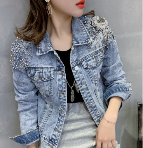 Europe Station New Shoulder Rivet Denim Jacket Women s Short Slim Jacket Three Dimensional Flower Top EX-STOCK Canada 
