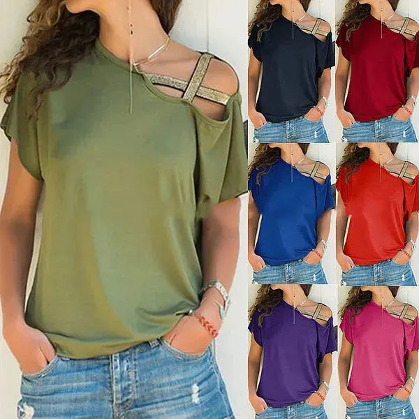 Women Skew Neck Summer Irregular Criss Cross Short Sleeves Sexy Off Shoulder Solid Tops Blusa Femme One Shoulder  Blouse - EX-STOCK CANADA