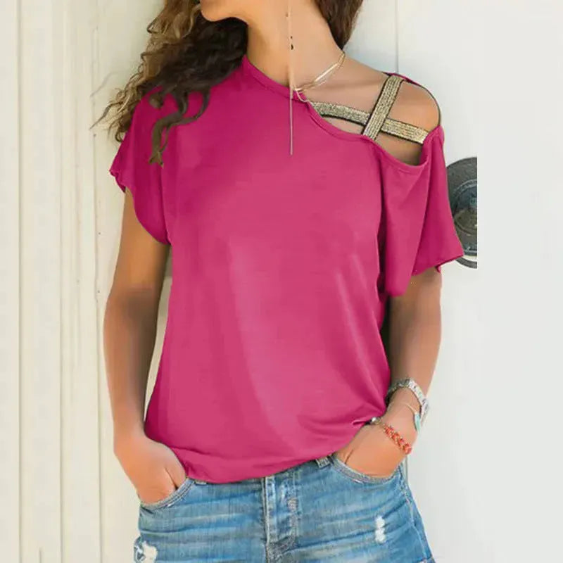 Women Skew Neck Summer Irregular Criss Cross Short Sleeves Sexy Off Shoulder Solid Tops Blusa Femme One Shoulder  Blouse - EX-STOCK CANADA