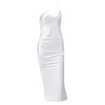 Elegant Women's Midi Satin Dress One Shoulder Spaghetti Strap Backless Ruched Summer DRESS - EX-STOCK CANADA