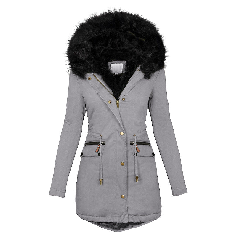 Women's Plush Hooded Parkas Winter Warm Thick  Zip-up Jackets Casual Mid-length Solid Buckle Pockets Coat Outerwear Clothing EX-STOCK Canada 