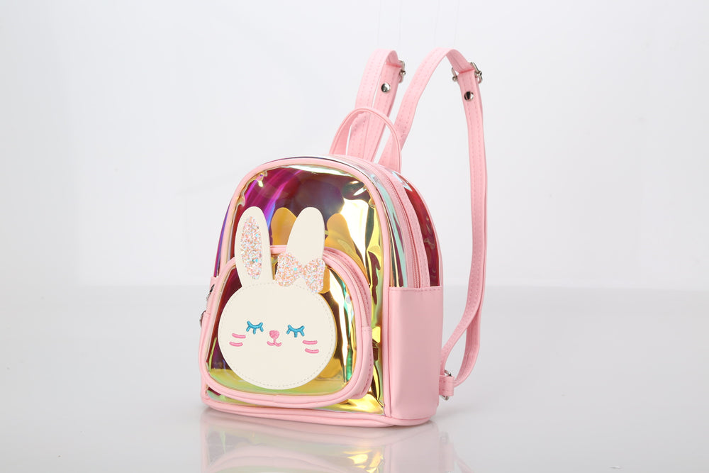 Pink backpack with a cartoon bunny design on a light gray background