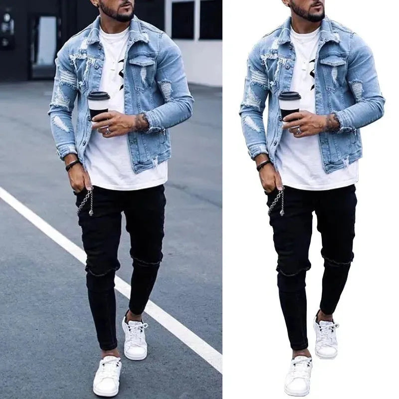 Lapel Men's Denim Jacket Ripped Irregular Washed Jacket Jeans - EX-STOCK CANADA