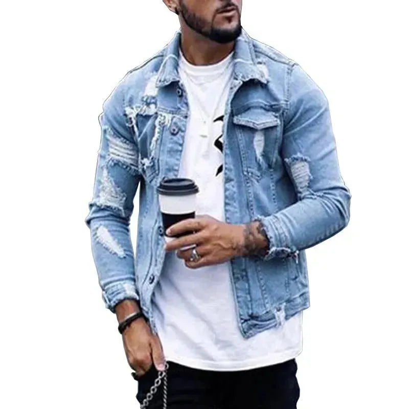 Lapel Men's Denim Jacket Ripped Irregular Washed Jacket Jeans