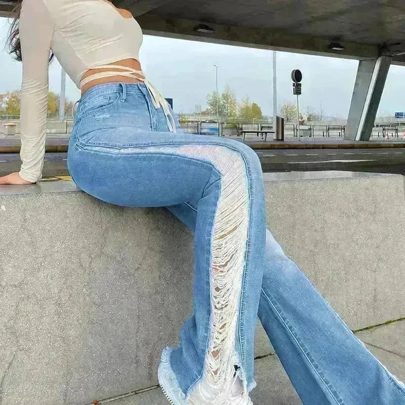 New Style Women's Casual Pierced Drawnwork High Waist Bootcut Washed Jeans - EX-STOCK CANADA