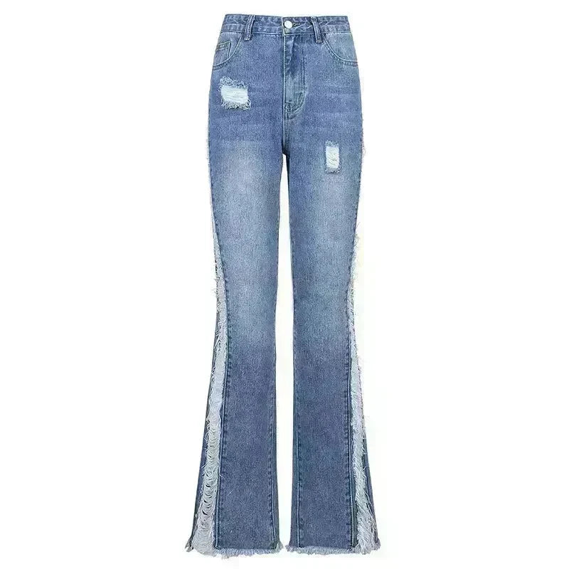 New Style Women's Casual Pierced Drawnwork High Waist Bootcut Washed Jeans - EX-STOCK CANADA