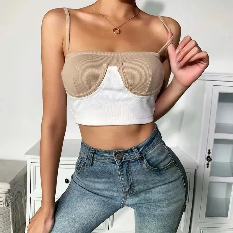 InstaHot Cami Top Women Summer Rib Knit Bikini Patchwork Slash Neck Slim Skinny Backless Crop Top Casual Fashion Strap Tops - EX-STOCK CANADA