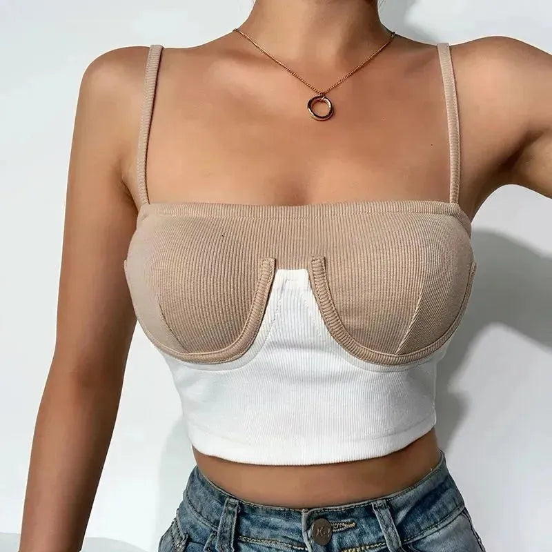 InstaHot Cami Top Women Summer Rib Knit Bikini Patchwork Slash Neck Slim Skinny Backless Crop Top Casual Fashion Strap Tops - EX-STOCK CANADA