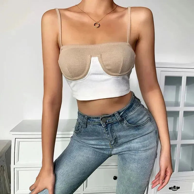 InstaHot Cami Top Women Summer Rib Knit Bikini Patchwork Slash Neck Slim Skinny Backless Crop Top Casual Fashion Strap Tops - EX-STOCK CANADA