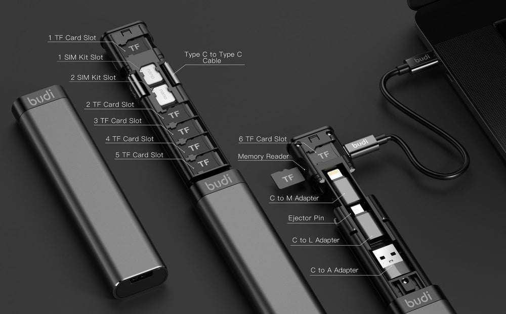 Black electronic device with labeled ports on a dark background