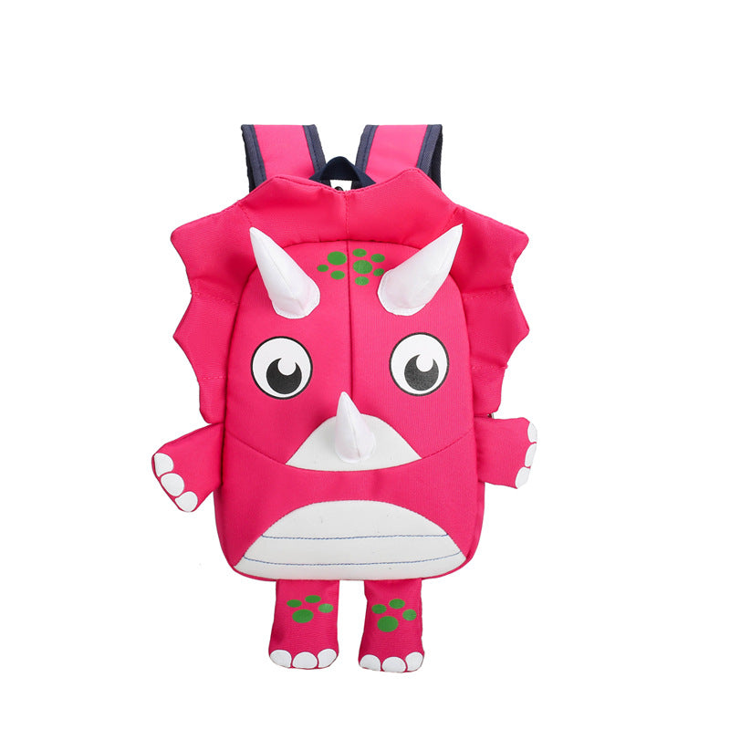 Pink dinosaur-shaped backpack on a white background