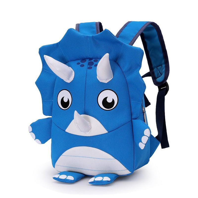 Blue dinosaur-shaped backpack on a white background