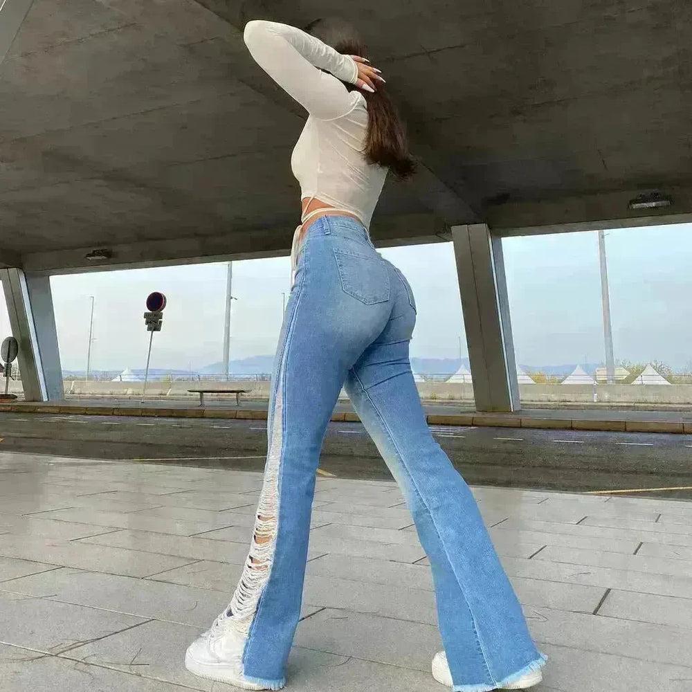 Fashion Ripped Casual Pants Bag Hip Contrast Frosted Bootcut Jeans - EX-STOCK CANADA