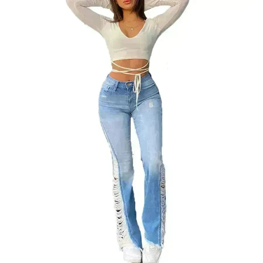Fashion Ripped Casual Pants Bag Hip Contrast Frosted Bootcut Jeans - EX-STOCK CANADA