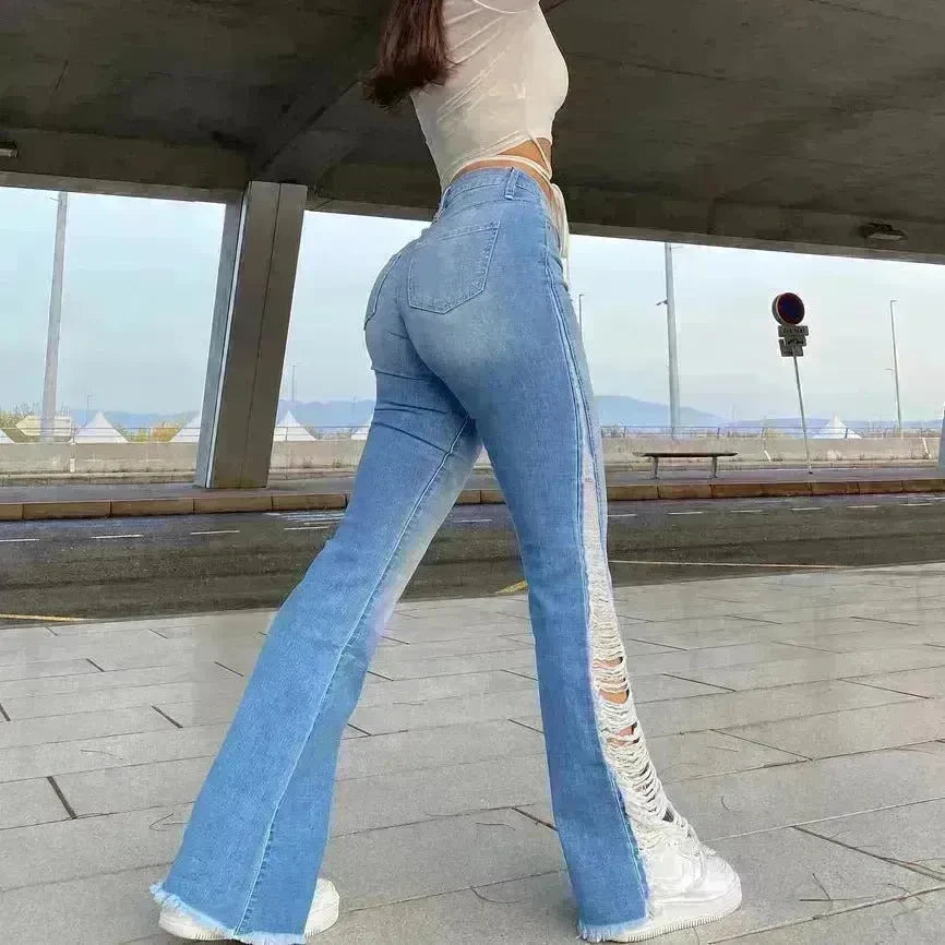 Fashion Ripped Casual Pants Bag Hip Contrast Frosted Bootcut Jeans - EX-STOCK CANADA