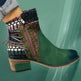 Green ankle boot with patterned side panel on a teal background
