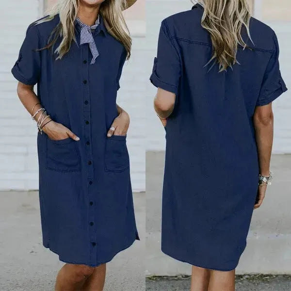 Women's Solid Color Casual Denim Short Sleeve Pocket loose Denim Dress - EX-STOCK CANADA