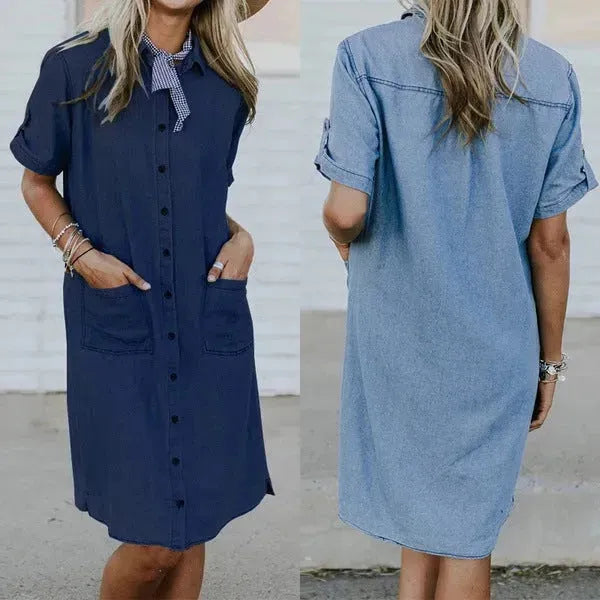 Women's Solid Color Casual Denim Short Sleeve Pocket loose Denim Dress - EX-STOCK CANADA