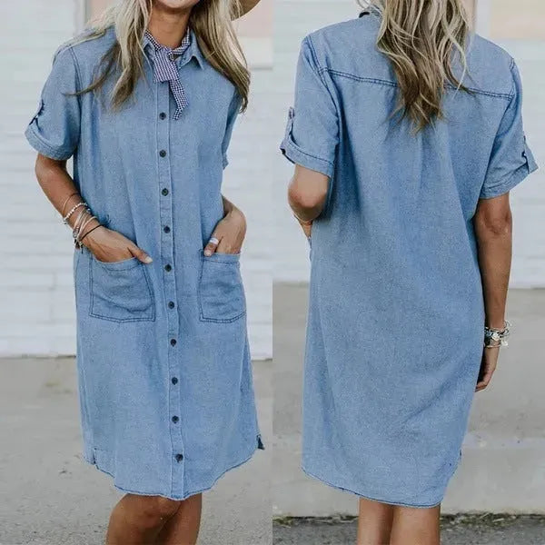 Women's Solid Color Casual Denim Short Sleeve Pocket loose Denim Dress - EX-STOCK CANADA