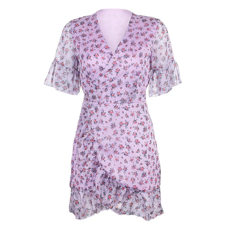 Casual Women Summer Boho Dress V-neck Mini Wrap dress chiffon - EX-STOCK CANADA