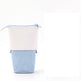 Two-toned fabric pouch with white top and blue striped bottom on a white background