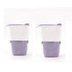 Two purple and white fabric containers with zippers on a white background