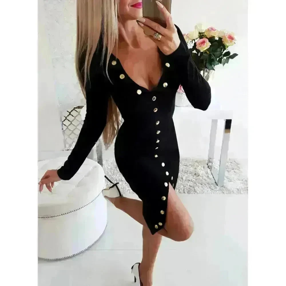 Autumn Winter Party Club V-neck Split Bodycon Sweater Dress - EX-STOCK CANADA