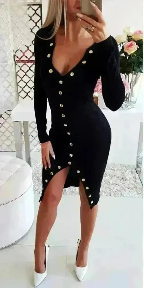 Autumn Winter Party Club V-neck Split Bodycon Sweater Dress - EX-STOCK CANADA